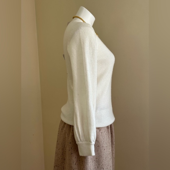 Ann Taylor Cream Sheer Knit Sweaters V Neck With Puff Poofy Balloon Sleeves Sz M - Picture 4 of 12